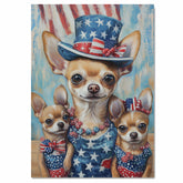 Mother Chihuahua with Three Puppies in Stars and Stripes Outfits Oil Painting on Ready to Hang 1.5" Thick Canvas Wrap, Floating Framed Canvas, Flat Rolled Canvas